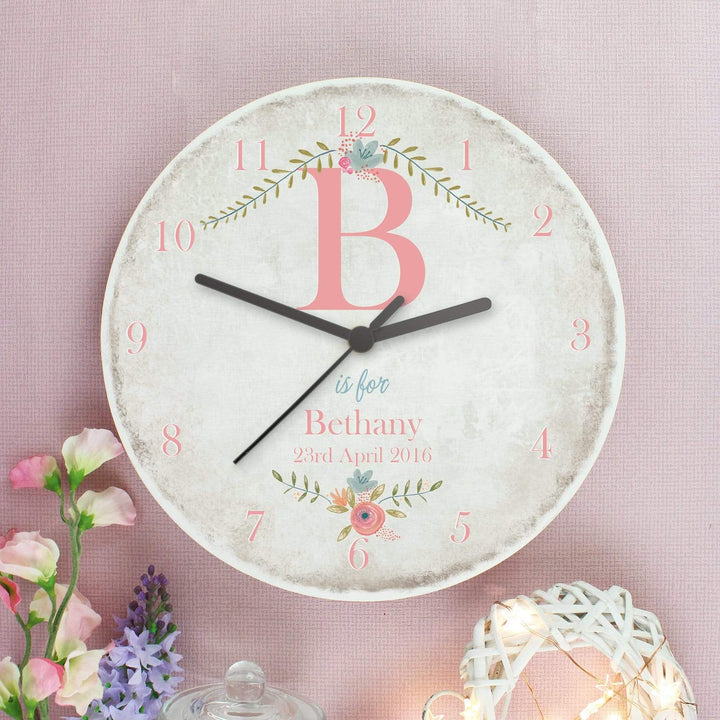 Personalised Memento Clocks &amp; Watches Personalised Floral Bouquet Shabby Chic Large Wooden Clock