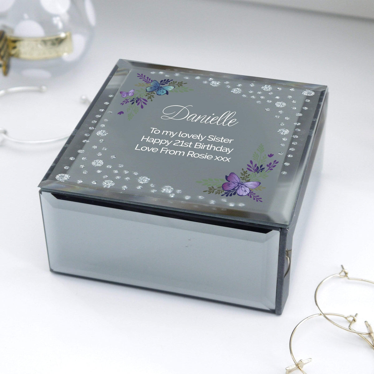 Personalised Memento Trinket, Jewellery & Keepsake Boxes Personalised Floral Butterfly Diamante Glass Trinket Box