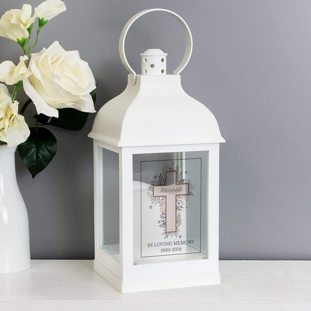 Personalised Memento LED Lights, Candles &amp; Decorations Personalised Floral Cross White Lantern