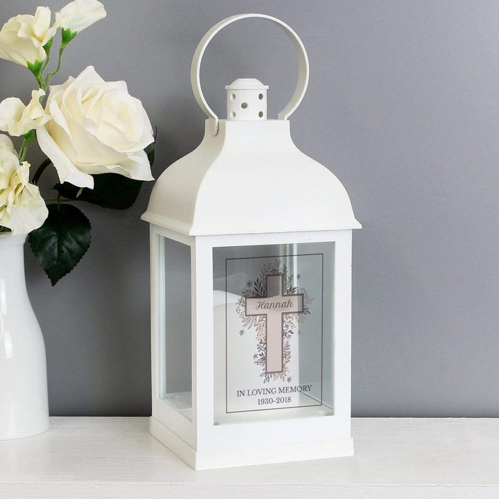Personalised Memento LED Lights, Candles &amp; Decorations Personalised Floral Cross White Lantern