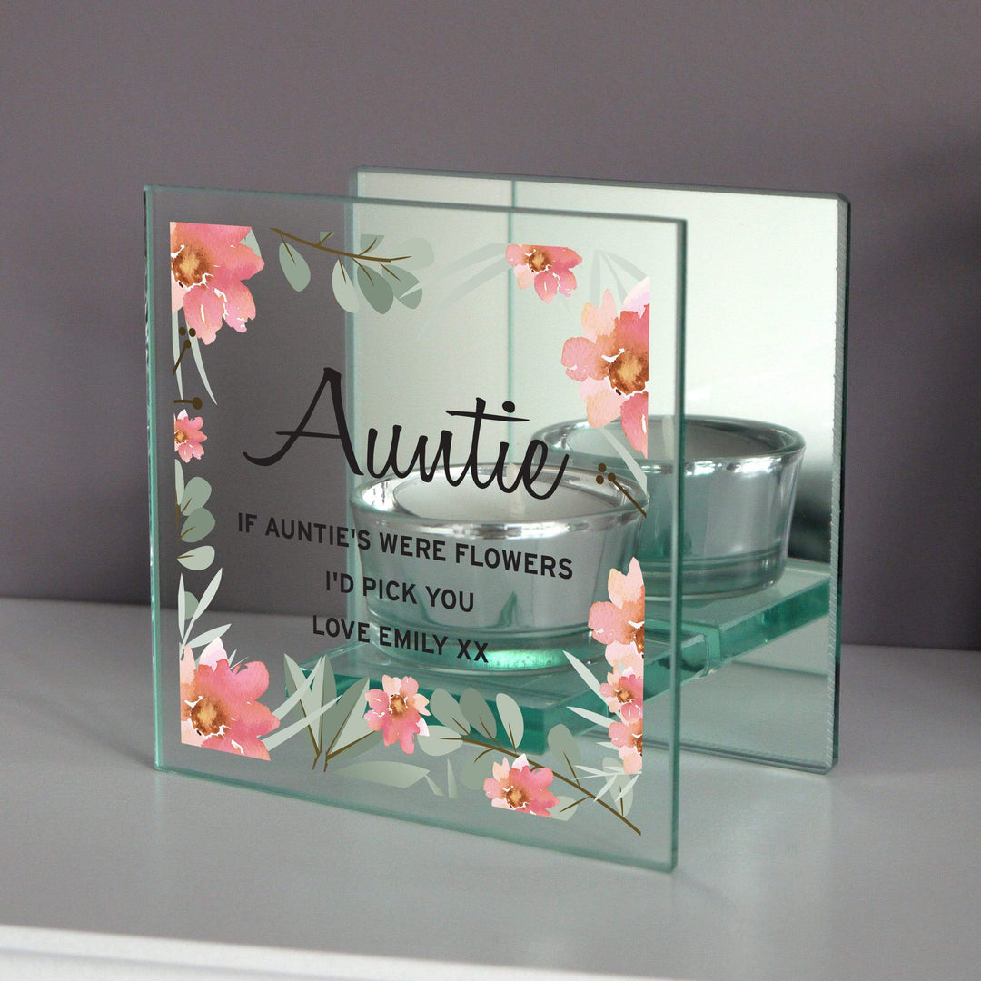 Personalised Memento Candles &amp; Reed Diffusers Personalised Floral Sentimental Mirrored Glass Tea Light Candle Holder