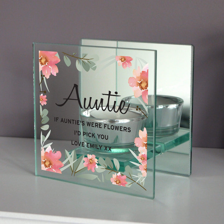 Personalised Memento Candles &amp; Reed Diffusers Personalised Floral Sentimental Mirrored Glass Tea Light Candle Holder