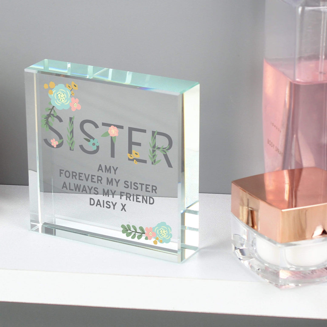 Personalised Memento Ornaments Personalised Floral Sister Large Crystal Token