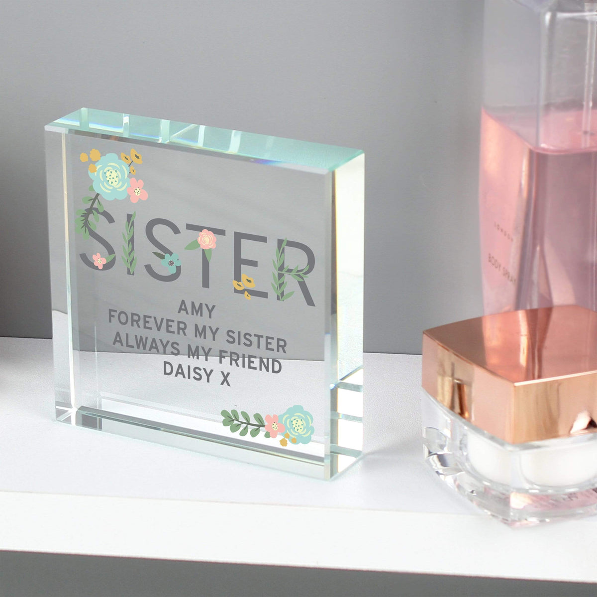Personalised Memento Ornaments Personalised Floral Sister Large Crystal Token