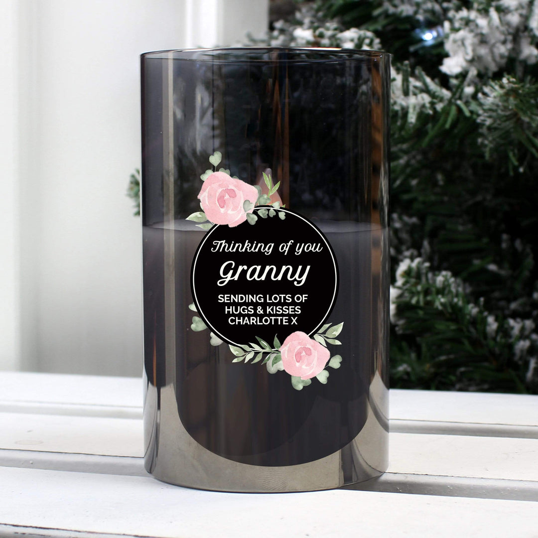Personalised Memento LED Lights, Candles &amp; Decorations Personalised Floral Smoked Glass LED Candle