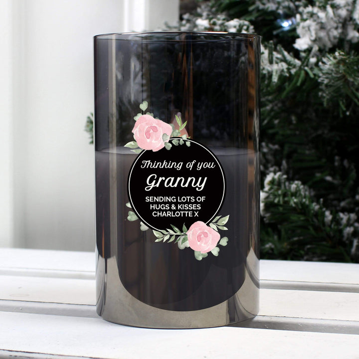 Personalised Memento LED Lights, Candles &amp; Decorations Personalised Floral Smoked Glass LED Candle