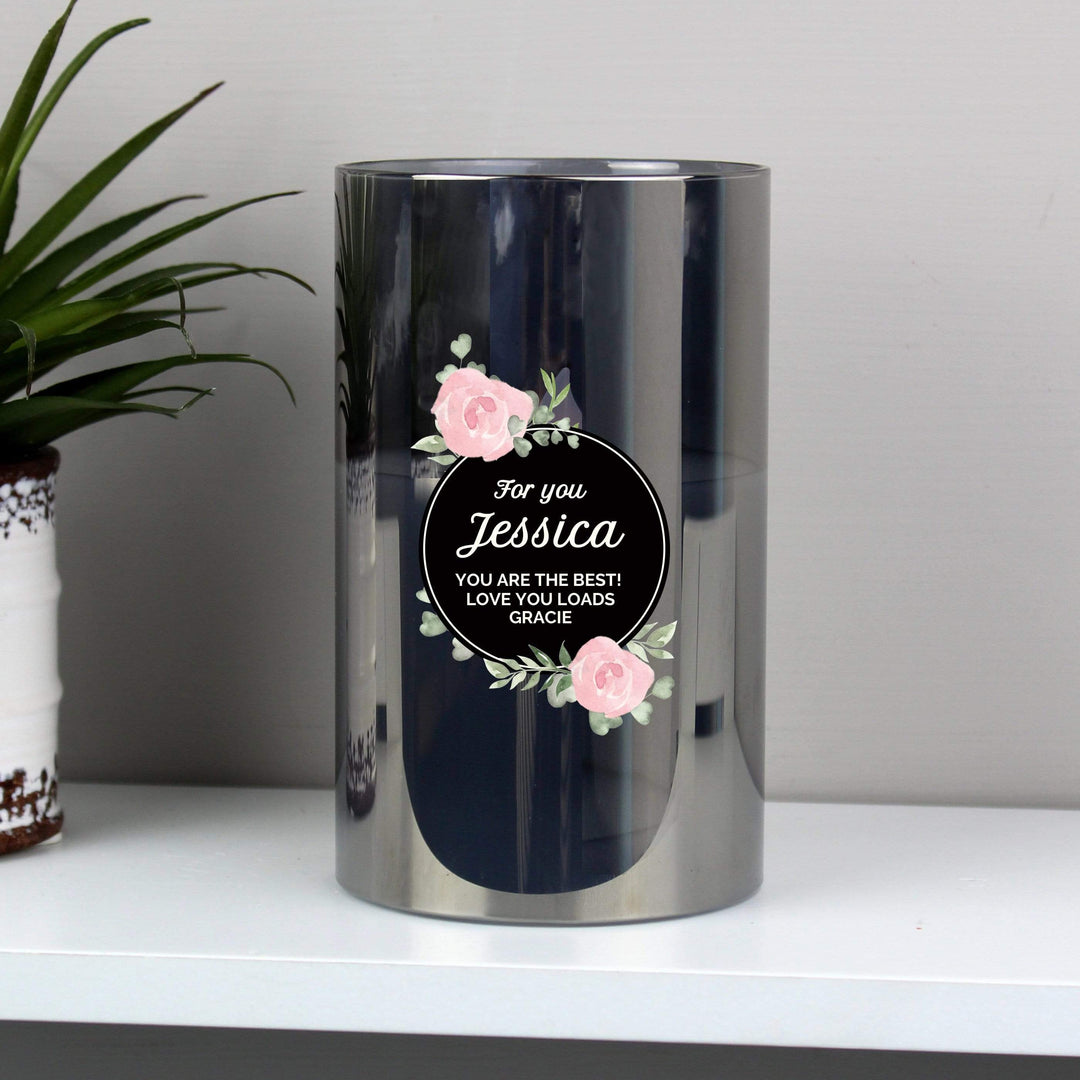 Personalised Memento LED Lights, Candles &amp; Decorations Personalised Floral Smoked Glass LED Candle