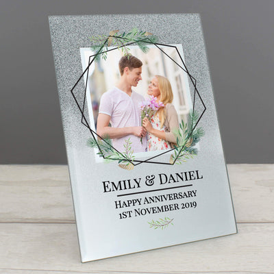 Personalised Memento Photo Frames, Albums and Guestbooks Personalised Geo Leaves 4x4 Glitter Glass Photo Frame