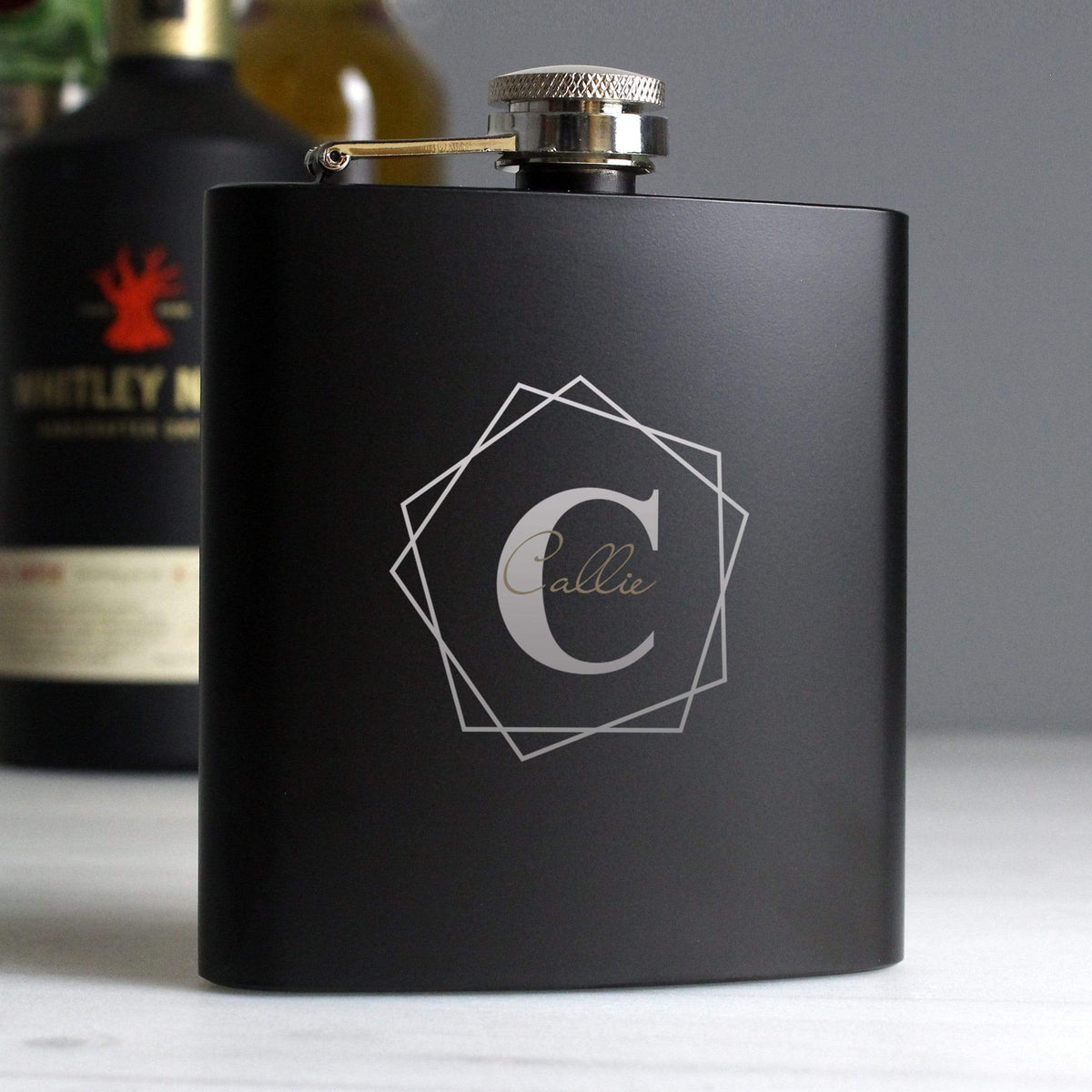 Personalised Memento Glasses & Barware Personalised Geometric Initial Black Hip Flask