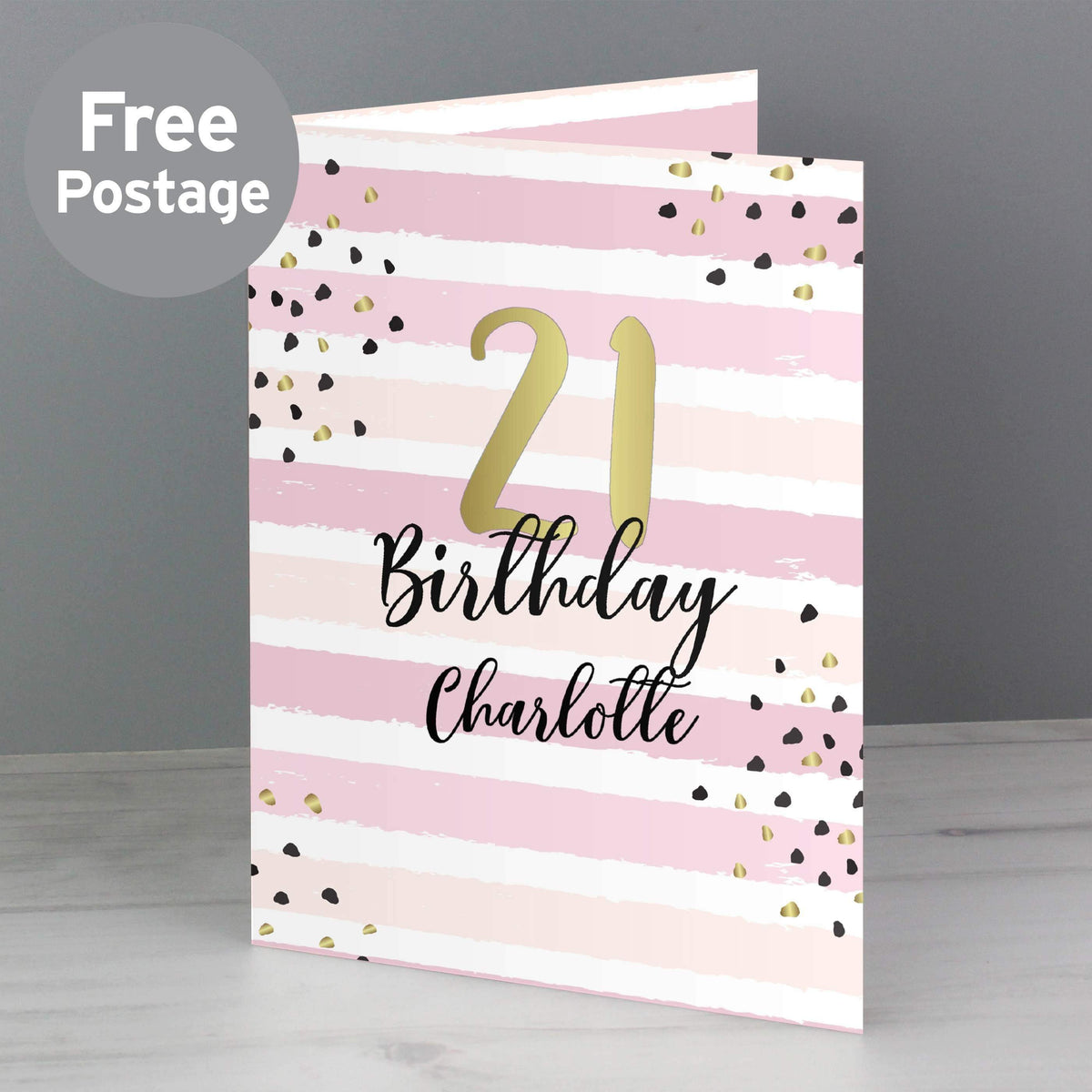 Personalised Memento Greetings Cards Personalised Gold and Pink Stripe Birthday Card