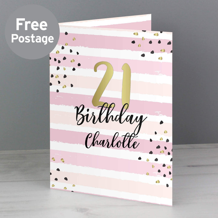 Personalised Memento Greetings Cards Personalised Gold and Pink Stripe Birthday Card