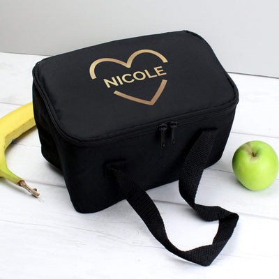 Personalised Memento Textiles Personalised Gold Heart Black Lunch Bag