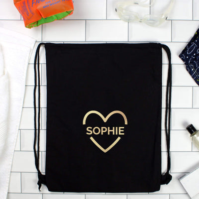 Personalised Memento Textiles Personalised Gold Heart Swim & Kit Bag