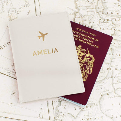 Personalised Memento Leather Personalised Gold Name Cream Passport Holder
