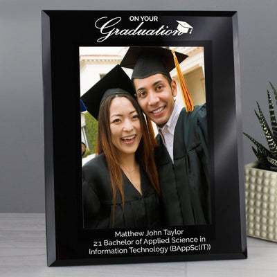 Personalised Memento Photo Frames, Albums and Guestbooks Personalised Graduation Black Glass 5x7 Photo Frame