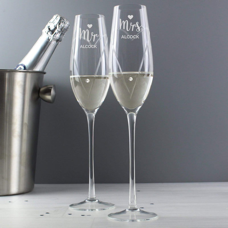 Personalised Memento Glasses & Barware Personalised Hand Cut Mr & Mrs Pair of Flutes with Swarovski Elements in Gift Box