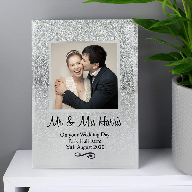 Personalised Memento Photo Frames, Albums and Guestbooks Personalised Heart & Swirl 4x4 Glitter Glass Photo Frame