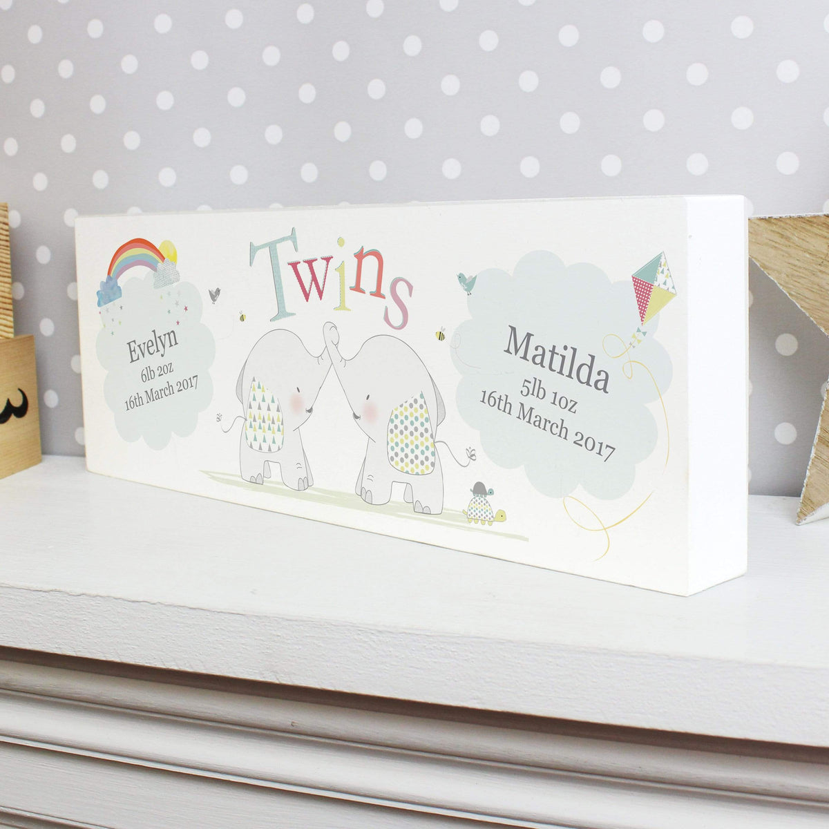 Personalised Memento Hanging Decorations & Signs Personalised Hessian Elephant Twins Wooden Block Sign