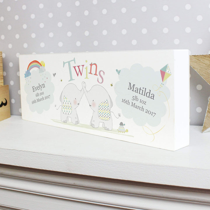 Personalised Memento Hanging Decorations &amp; Signs Personalised Hessian Elephant Twins Wooden Block Sign