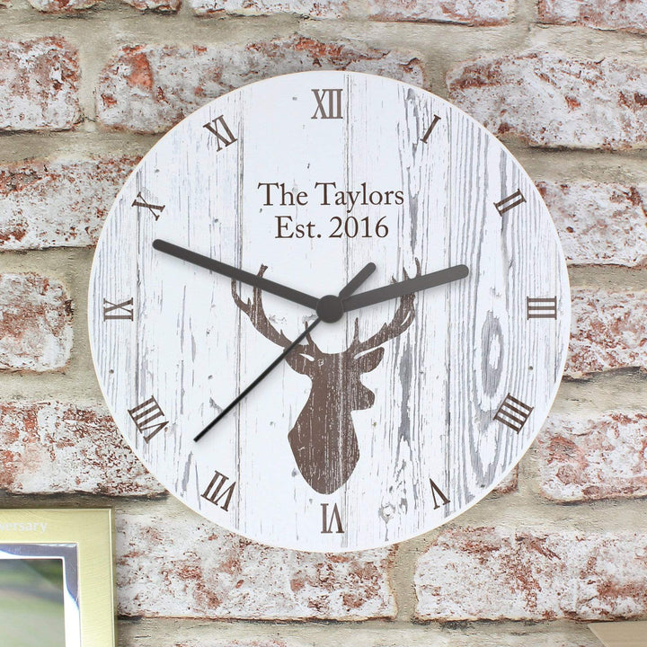 Personalised Memento Clocks &amp; Watches Personalised Highland Stag Shabby Chic Wooden Clock