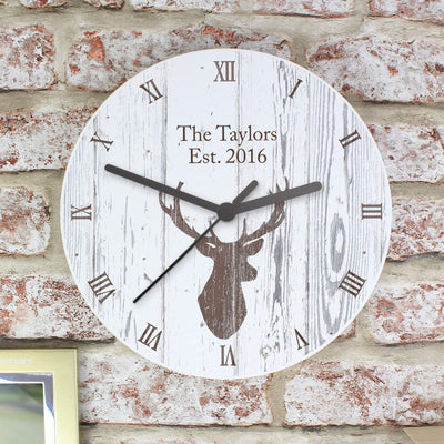 Personalised Memento Clocks & Watches Personalised Highland Stag Shabby Chic Wooden Clock
