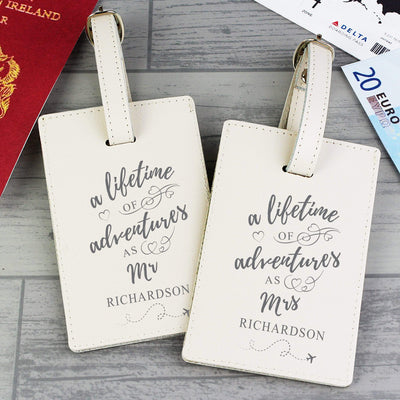 Personalised Memento Leather Personalised 'Lifetime of Adventures' Couples Luggage Tags