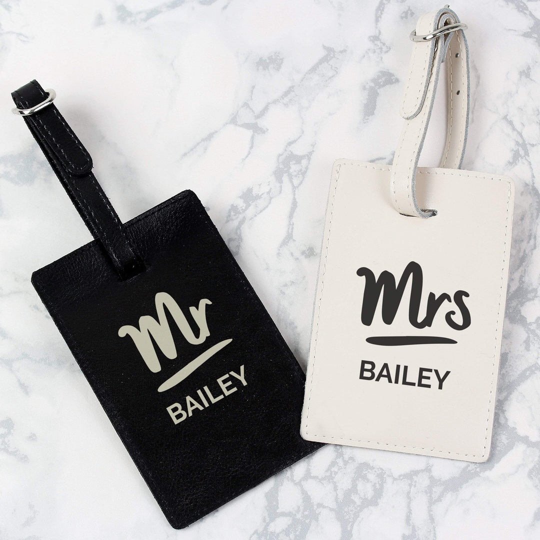 Personalised Memento Leather &amp; Leatherette Personalised Mr &amp; Mrs Black &amp; Cream Luggage Tag Set