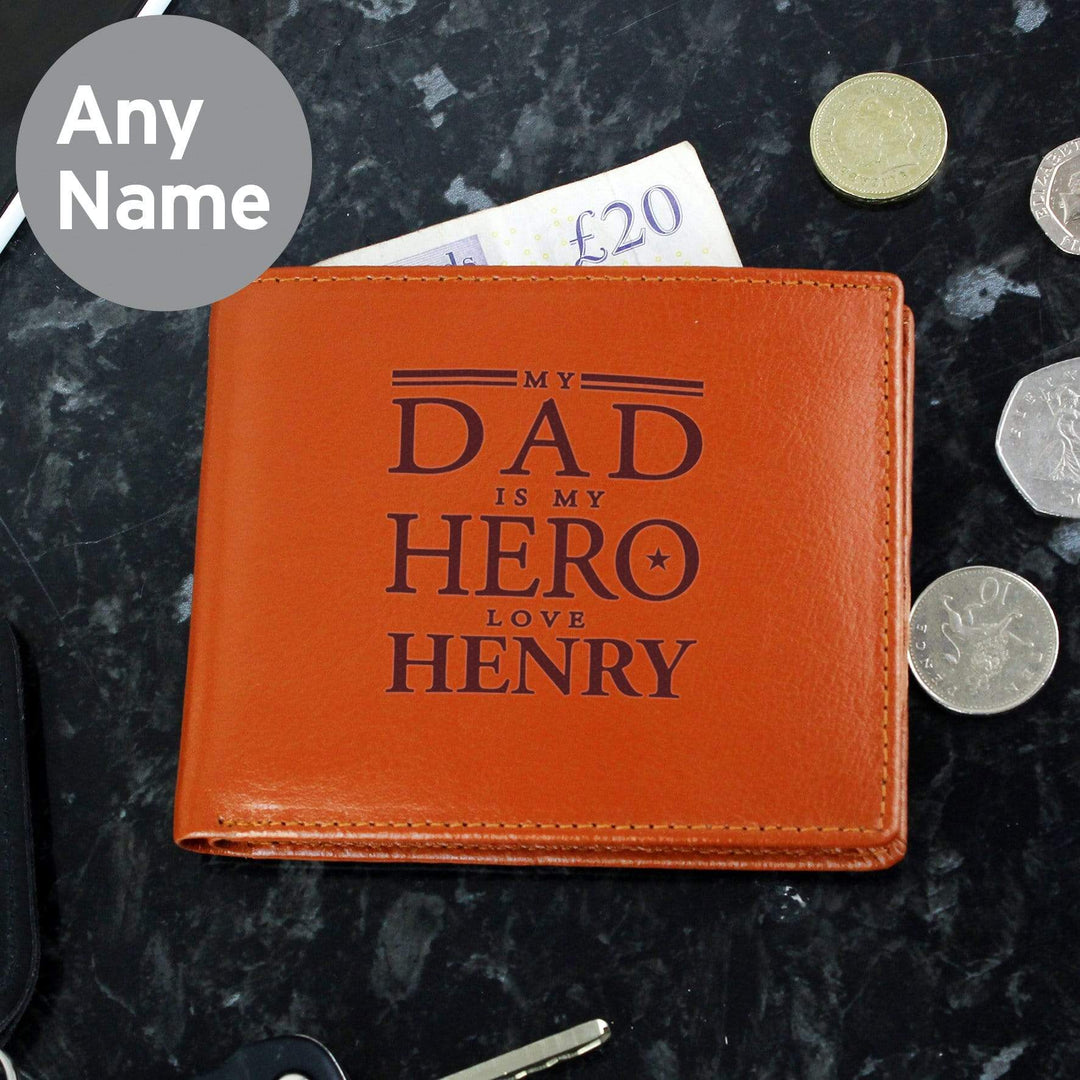 Personalised Memento Leather Personalised My Dad is My Hero Tan Leather Wallet