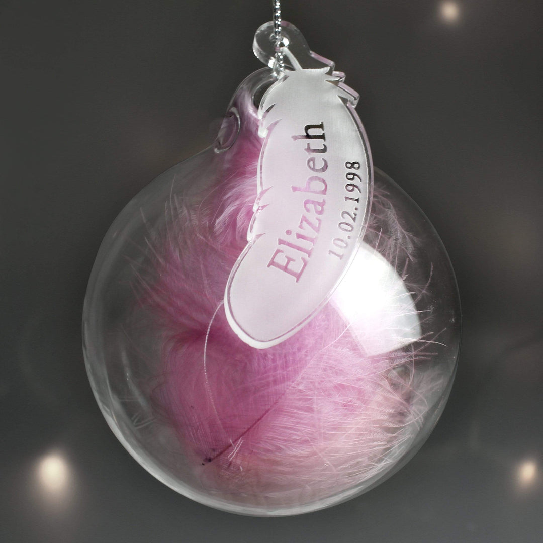 Personalised Memento Hanging Decorations &amp; Signs Personalised Name &amp; Date Pink Feather Glass Bauble