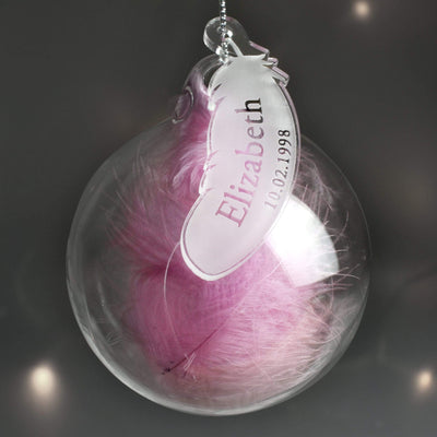 Personalised Memento Hanging Decorations & Signs Personalised Name & Date Pink Feather Glass Bauble