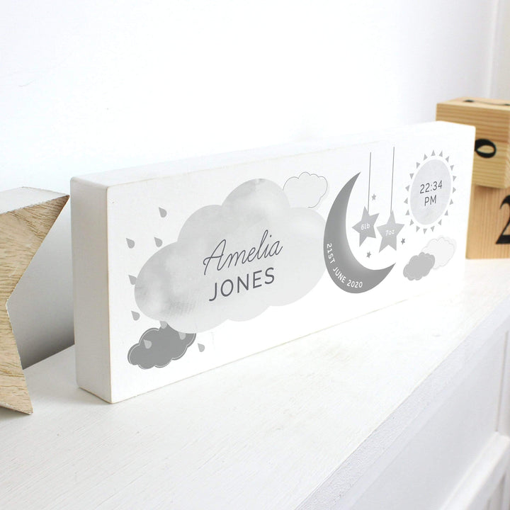 Personalised Memento Wooden Personalised New Baby Moon &amp; Stars Wooden Block Nursery Sign