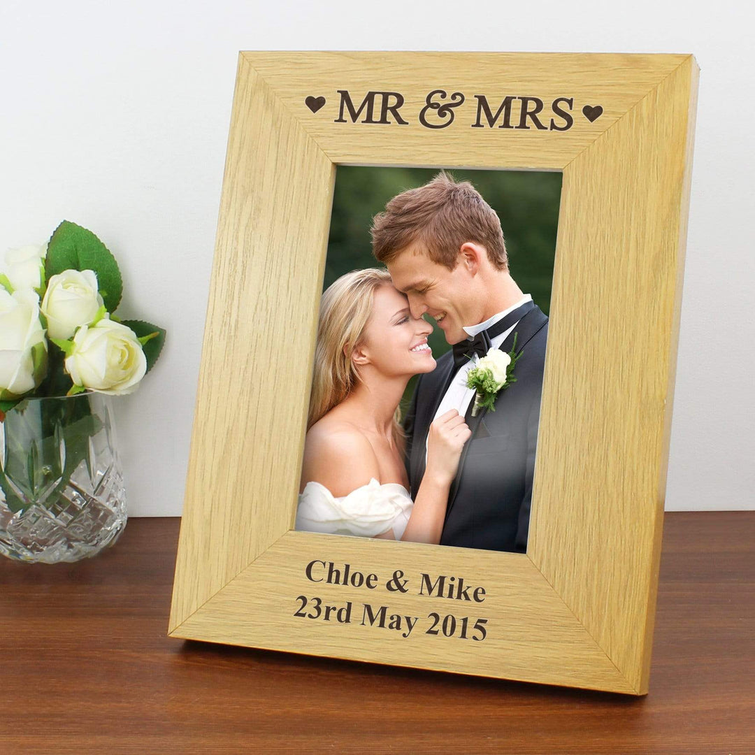 Personalised Memento Photo Frames, Albums and Guestbooks Personalised Oak Finish 4x6 Mr &amp; Mrs Photo Frame