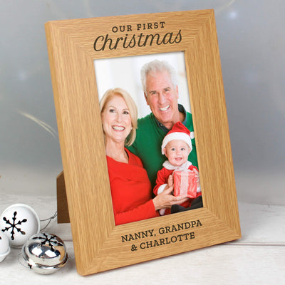 Personalised Memento Photo Frames, Albums and Guestbooks Personalised 'Our First Christmas' 4x6 Oak Finish Photo Frame