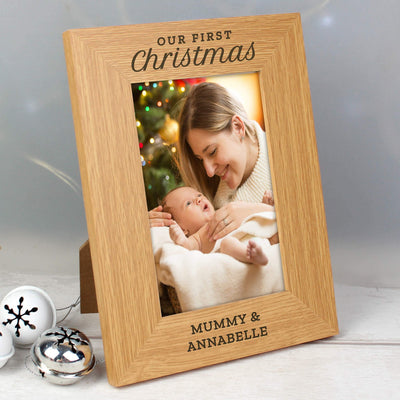 Personalised Memento Photo Frames, Albums and Guestbooks Personalised 'Our First Christmas' 4x6 Oak Finish Photo Frame
