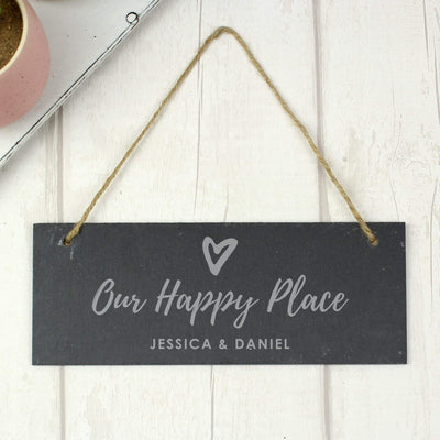 Personalised Memento Slate Personalised Our Happy Place Hanging Slate Plaque