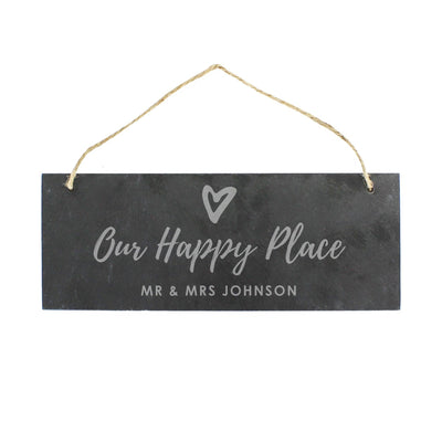 Personalised Memento Slate Personalised Our Happy Place Hanging Slate Plaque