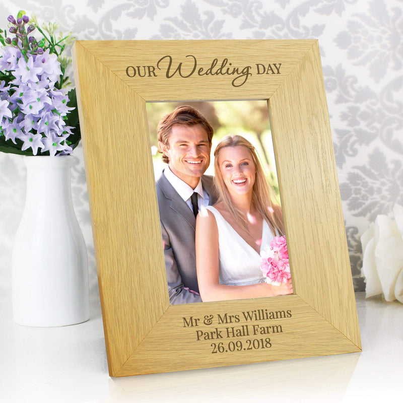 Personalised Memento Wooden Personalised Our Wedding Day 4x6 Oak Finish Photo Frame