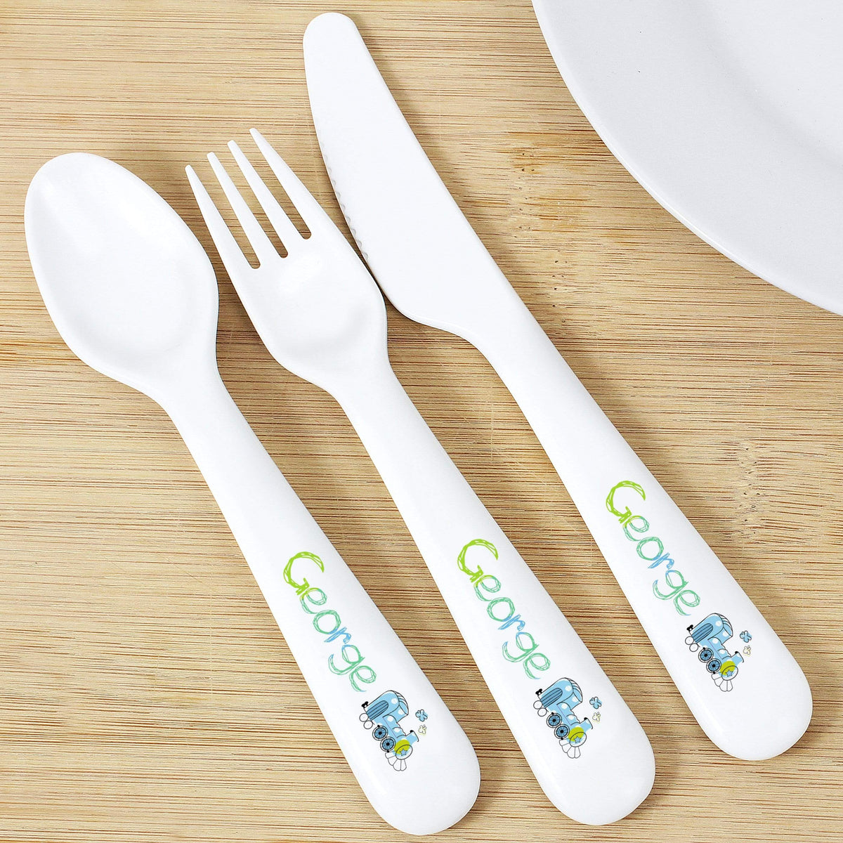 Personalised Memento Mealtime Essentials Personalised Patchwork Train 3 Piece Plastic Cutlery Set