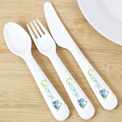 Personalised Memento Mealtime Essentials Personalised Patchwork Train 3 Piece Plastic Cutlery Set