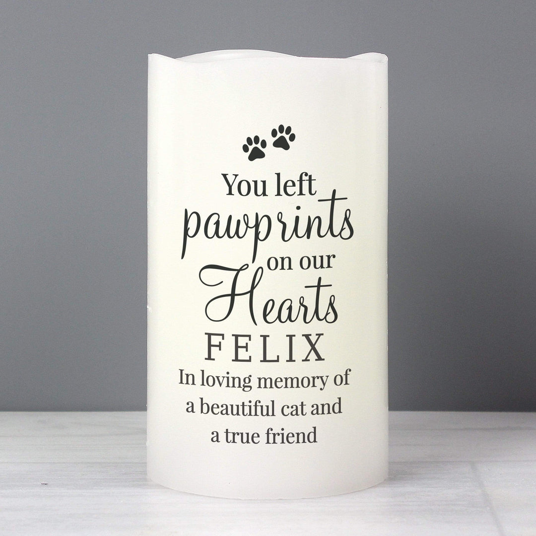 Personalised Memento LED Lights, Candles &amp; Decorations Personalised Pawprints On Our Hearts LED Candle