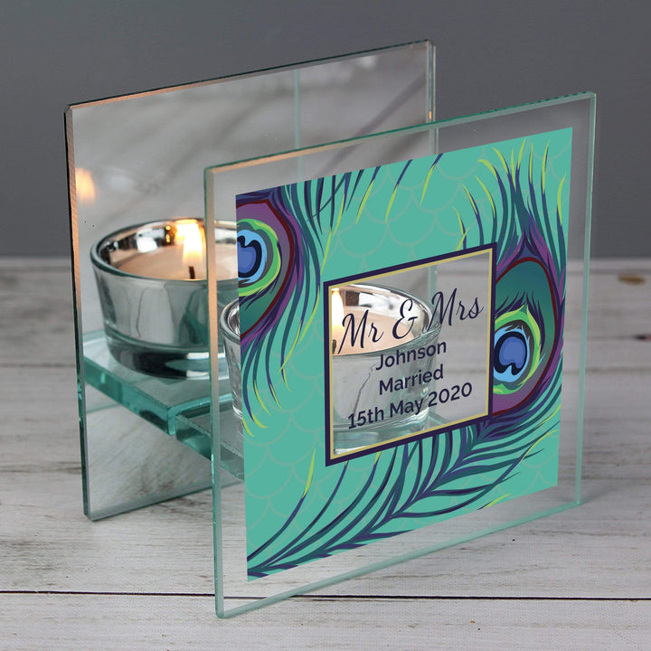 Personalised Memento Candles &amp; Reed Diffusers Personalised Peacock Mirrored Glass Tea Light Candle Holder