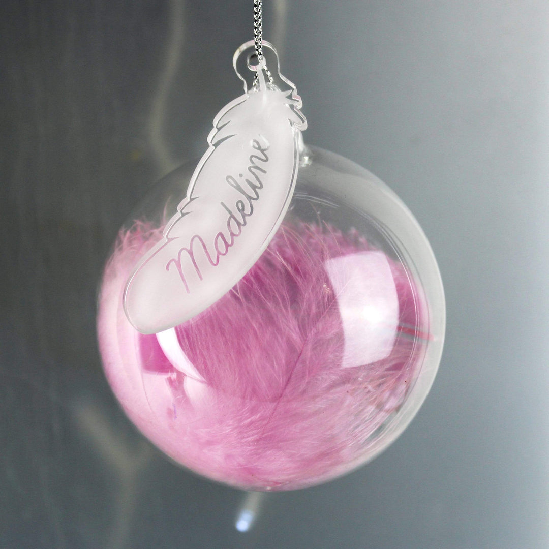 Personalised Memento Christmas Decorations Personalised Pink Feather Glass Bauble