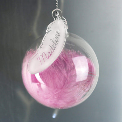 Personalised Memento Christmas Decorations Personalised Pink Feather Glass Bauble