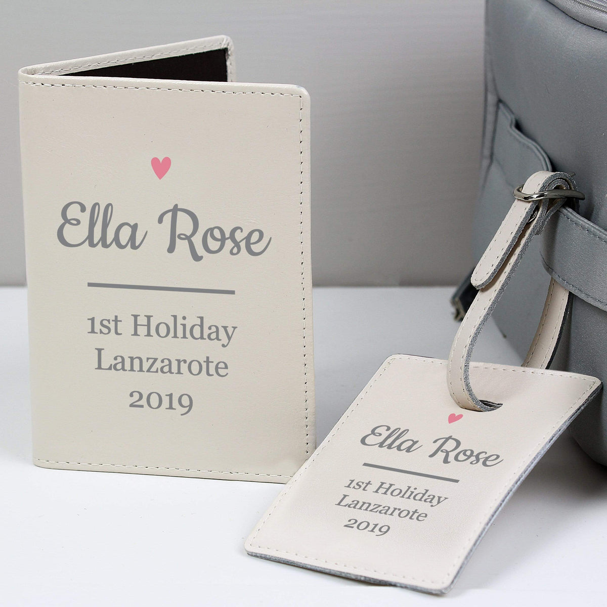 Personalised Memento Leather Personalised Pink Heart Cream Passport Holder & Luggage Tag Set