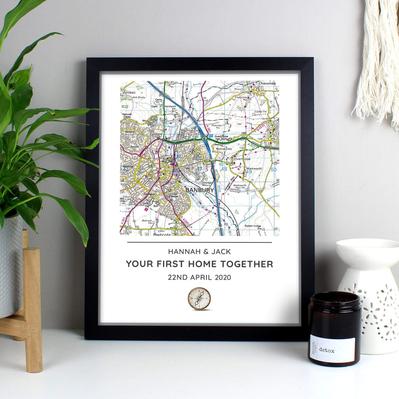 Personalised Memento Framed Prints & Canvases Personalised Present Day Map Compass Black Framed Print