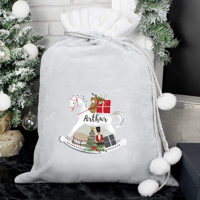 Personalised Memento Christmas Decorations Personalised Rocking Horse Luxury Silver Grey Pom Pom Sack