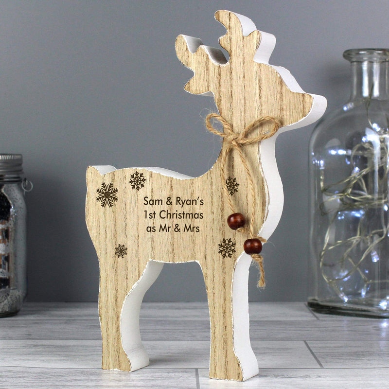 Personalised Memento Wooden Personalised Rustic Wooden Reindeer Decoration