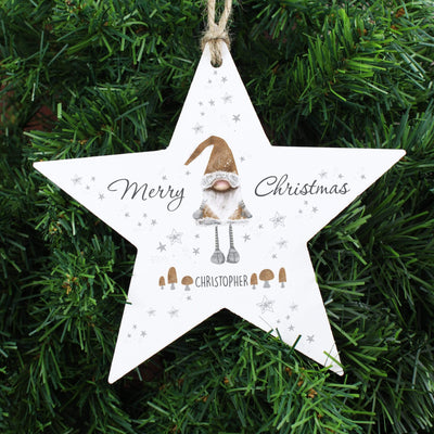 Personalised Memento Hanging Decorations & Signs Personalised Scandinavian Christmas Gnome Wooden Star Decoration