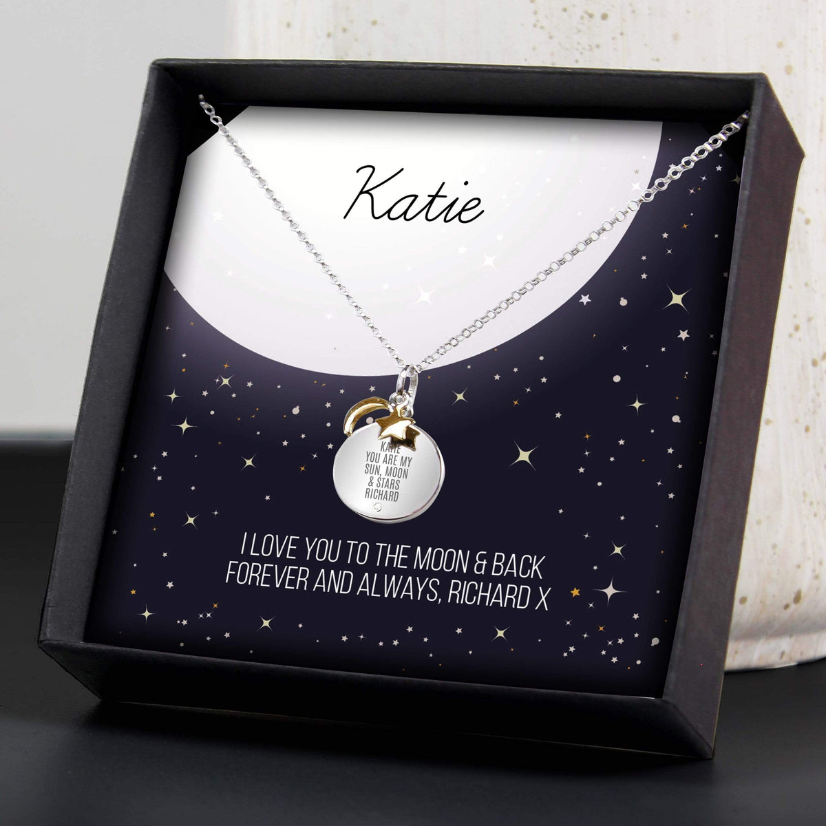 Personalised Memento Jewellery Personalised Sentiment Moon & Stars Sterling Silver Necklace and Box