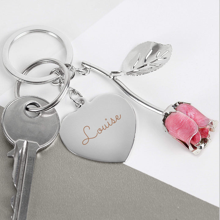 Personalised Memento Keepsakes Personalised Silver Plated Name Pink Rose Keyring